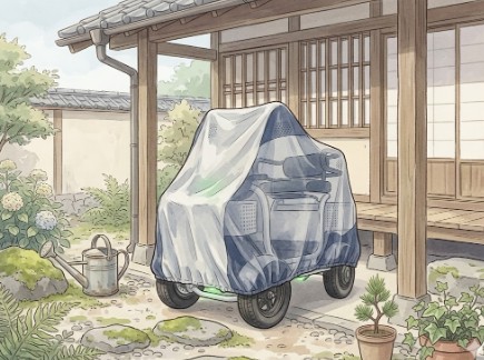 Scooter parked on a stone path outside a traditional wooden house, covered with a blue-and-white striped tarp, with plants and a watering can nearby.