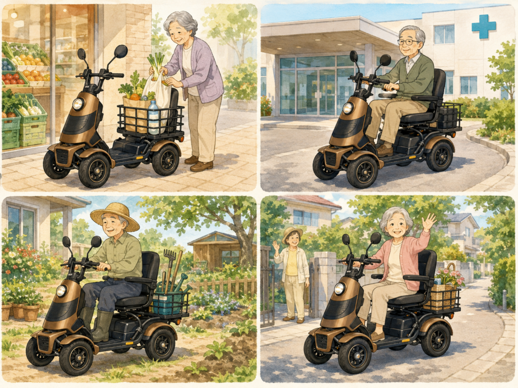 特定小型原動機付自転車4輪の活用シーン | ELEMOs | ELEMOs Senior woman at a grocery store with a mobility scooter carrying groceries in the basket route scene.