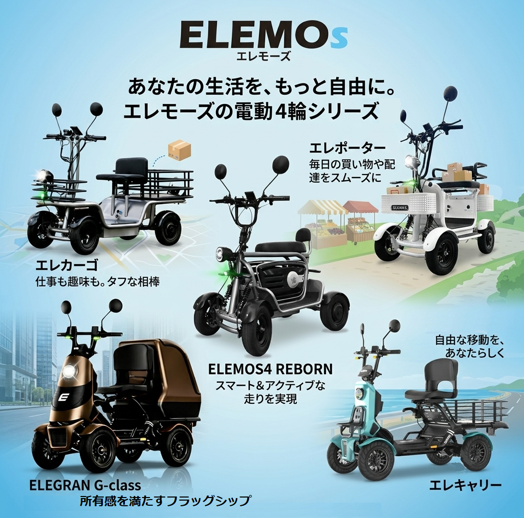 2026年6月時点のフルラインナップ2 | ELEMOs | ELEMOs Promotional poster for ELEMOS electric mobility scooters, showing multiple 4-wheel models on a blue background with different configurations (cargo, urban, and leisure).