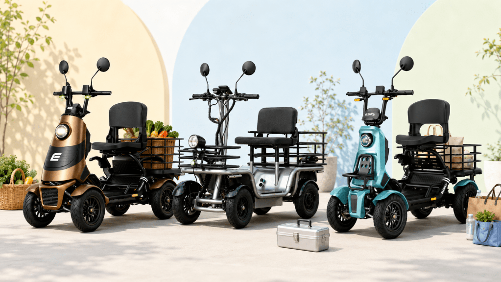 Four electric mobility scooters with baskets and passenger seats lined up outdoors against pastel arches in the background.