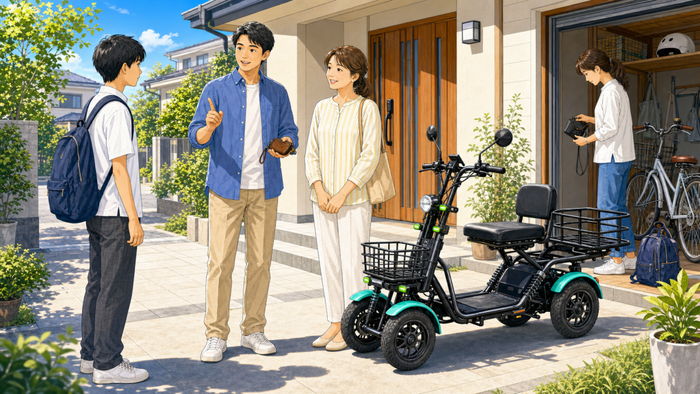 age-restriction-family-key-sharp | ELEMOs A teen with a backpack talks with his parents outside a modern house; a turquoise three-wheeled electric scooter sits nearby. In the garage, a woman adjusts items among bicycles and gear.