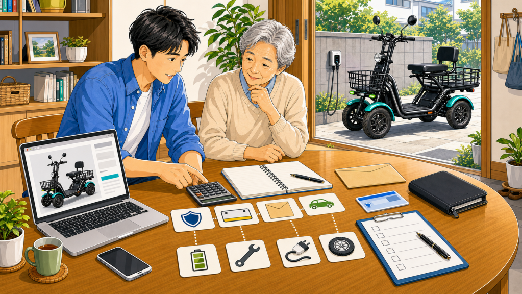 annual-cost-estimate | ELEMOs Young man and an older woman sit at a wooden table, reviewing a plan for an electric scooter with a notebook, calculator, and part-icon cards nearby (home office).