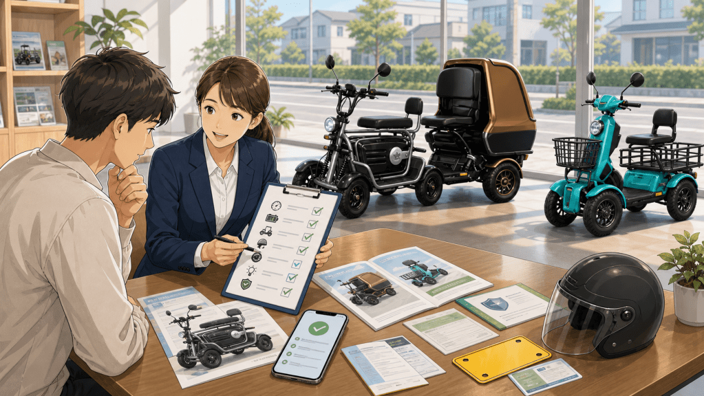 checklist-diagram | ELEMOs Salesperson explains EV options to a customer at a showroom table, with brochures, a helmet, and three small electric vehicles on display across the room.