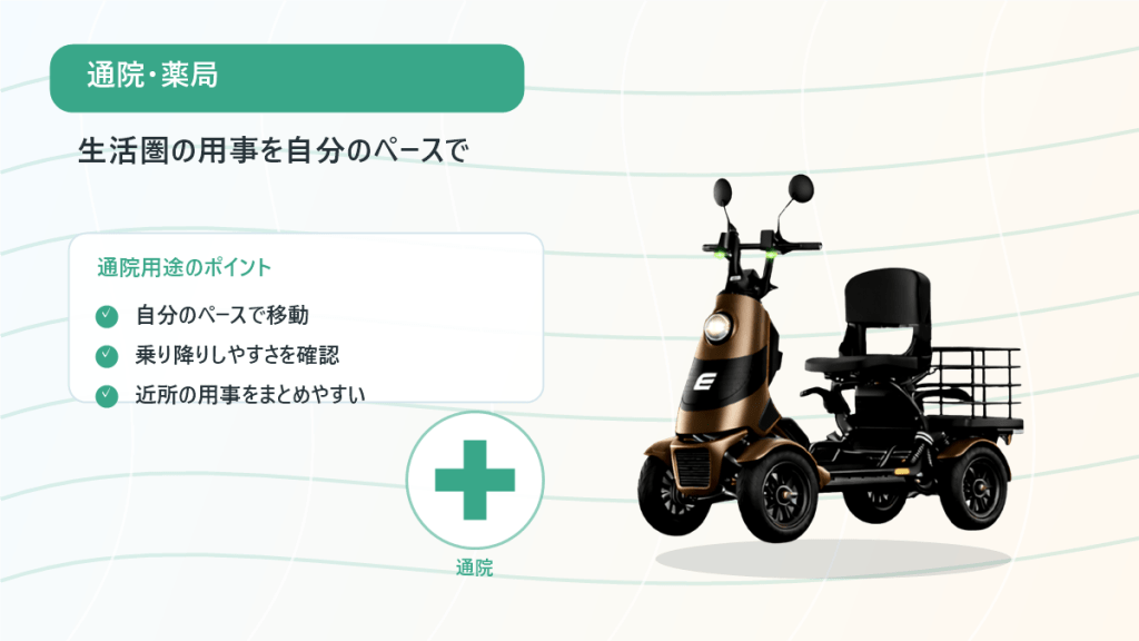 clinic-scene-4wheel | ELEMOs 通院・薬局の利用を自分のペースで支援する案内イメージ。左のポイントボックスと右の三輪スクーターが特徴。