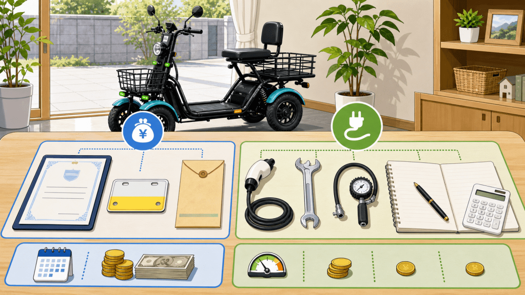 cost-breakdown | ELEMOs Indoor showroom scene with a teal-trimmed mobility scooter; foreground shows a planning board with money, tools, and note-taking icons for budgeting and maintenance.