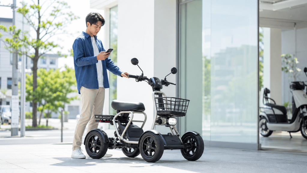 eyecatch-precheck | ELEMOs Young man in a blue shirt checks his phone beside a small three-wheeled electric scooter with a front basket.