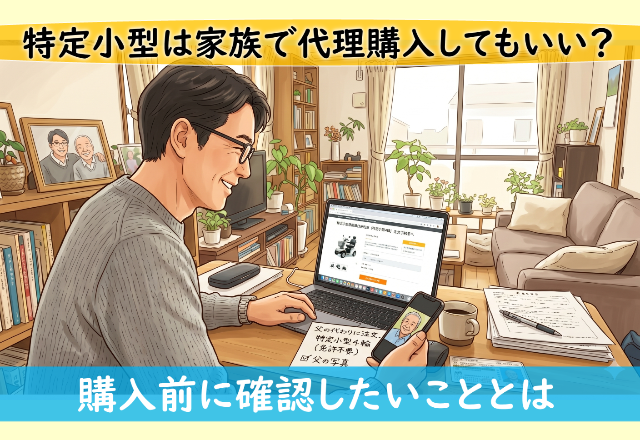 In a bright living room, a man sits at a wooden desk using a laptop and holding a smartphone, with Japanese banners about proxy family purchases and tips to check before buying.