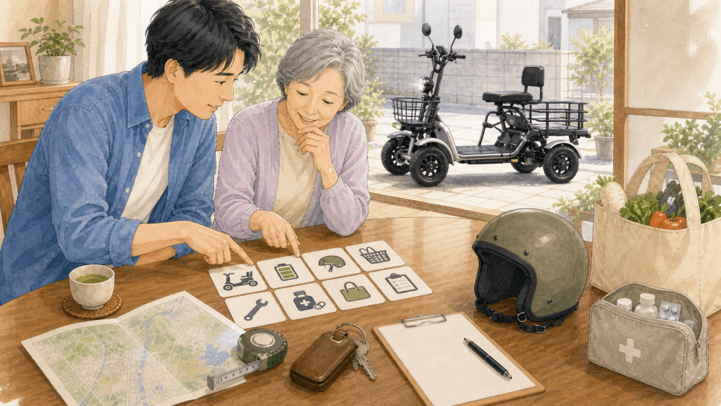 family-purchase-checklist | ELEMOs Two people review icon cards about daily needs at a table; a mobility scooter is visible outside the open door.