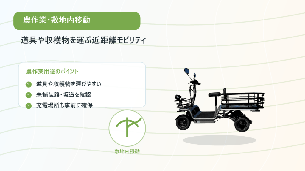 farm-scene-4wheel | ELEMOs 農作業・敷地内移動を説明するインフォグラフィック。近距離で道具や収穫物を運ぶモビリティと、敷地内移動を象徴する電動スクーターのイラスト。