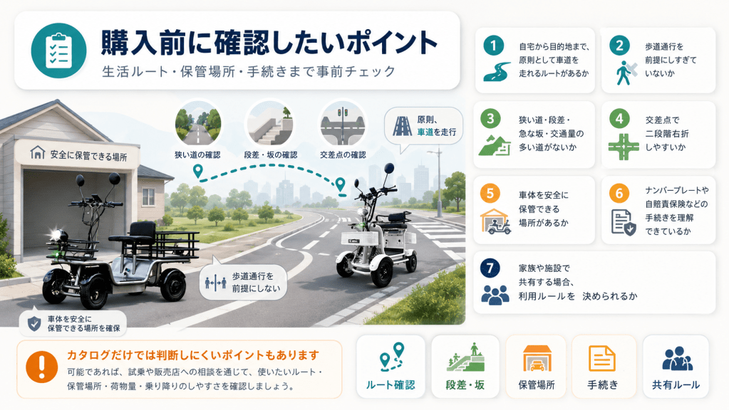 Infographic in Japanese: seven-point checklist for safe, pre-purchase planning of mobility routes and procedures