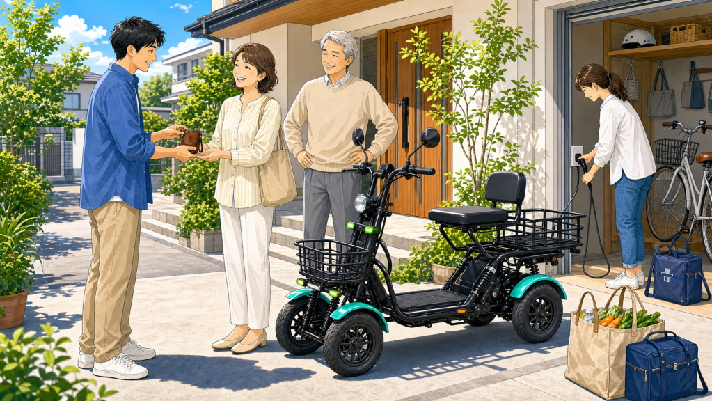handover-family-agreement-sharp | ELEMOs A man hands a wallet to a smiling older couple on their front path under a sunny sky; a teal electric scooter is parked nearby.