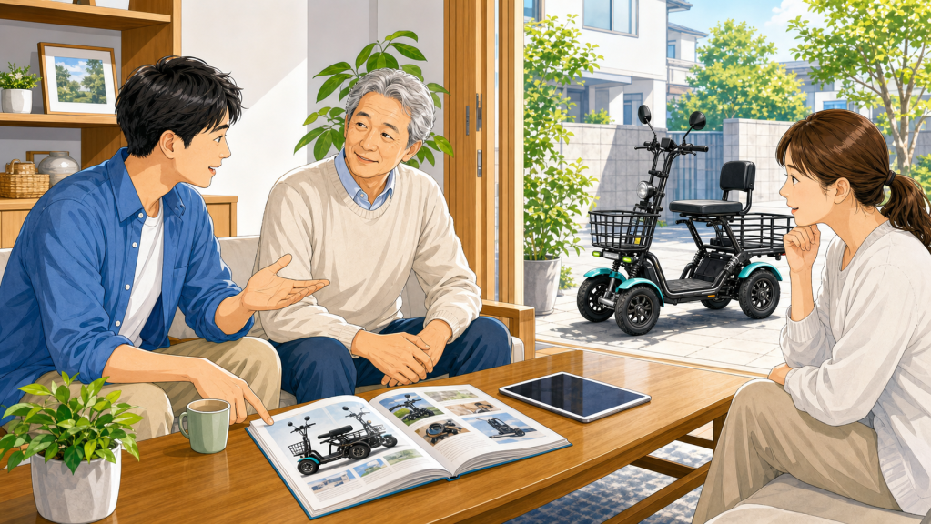 hero-family-discussion-sharp | ELEMOs Three people sit in a bright living room, looking at a product catalog laid open on a coffee table while an electric scooter stands outside near the doorway.