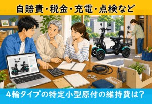 A group around a table discussing maintenance costs for four‑wheel mini electric bikes; banners reference insurance, taxes, charging and inspections.