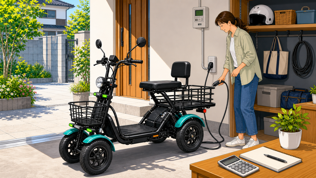 home-charging-cost | ELEMOs Woman plugs in and charges a teal and black mobility scooter in a home garage, with tools, shelves, and a helmet nearby.