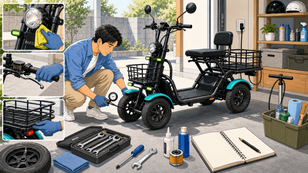 inspection-consumables | ELEMOs Person kneeling beside an e-scooter, tightening a gauge, with tools and workshop in the background (repair scene)