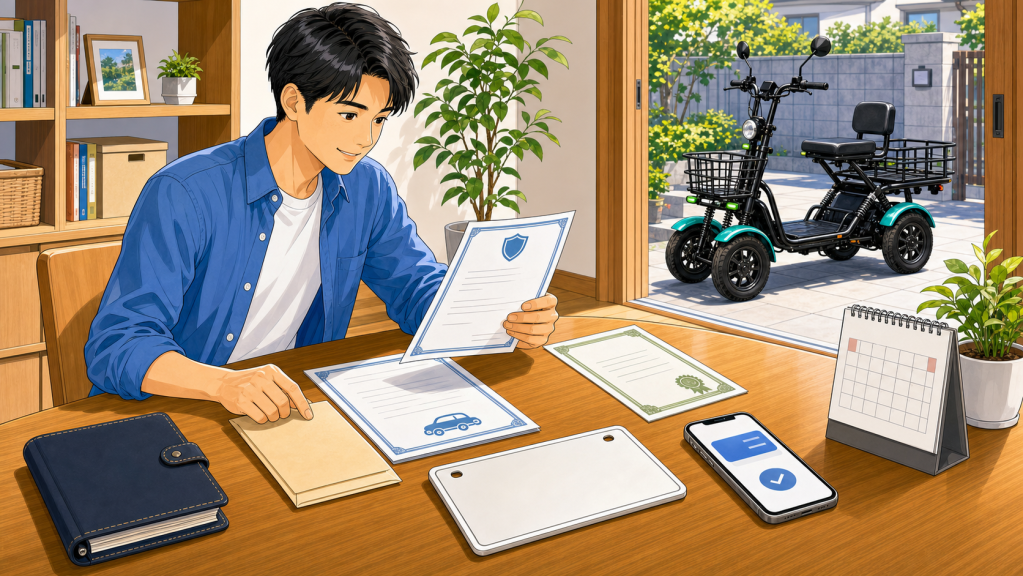insurance-tax-documents | ELEMOs Man in a blue shirt sits at a wooden desk, reviewing documents in a bright home office with shelves and plants; outside, a teal electric cargo scooter is parked on a patio.