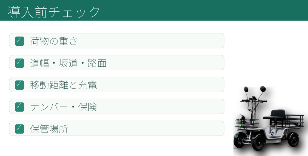 ヘッダの導入前チェックとチェックリストが並ぶ画面。左にチェックボックス付きの項目リスト、右に電動三輪車。Japanese checklist UI with five items: 荷物の重さ, 道幅・坂道・路面, 移動距離と充電, ナンバー・保険, 保管場所。