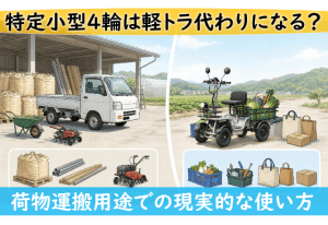左に軽トラ代わりの小型トラックと資材、右に荷物運搬用の三輪キャリア車と荷物を積んだ風景の比較画像。背景は農場と工場風景。