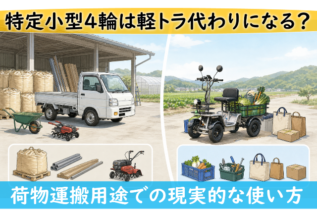 左に軽トラ代わりの小型トラックと資材、右に荷物運搬用の三輪キャリア車と荷物を積んだ風景の比較画像。背景は農場と工場風景。