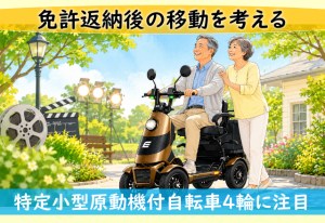 公園で4輪のモーターバイクに乗る高齢夫婦。上部に『免許返納後の移動を考える』、下部に『特定小型原動機付自転車4輪に注目』の文字。