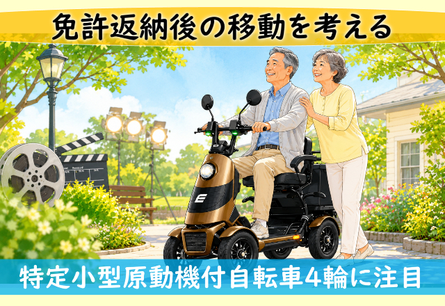 公園で4輪のモーターバイクに乗る高齢夫婦。上部に『免許返納後の移動を考える』、下部に『特定小型原動機付自転車4輪に注目』の文字。