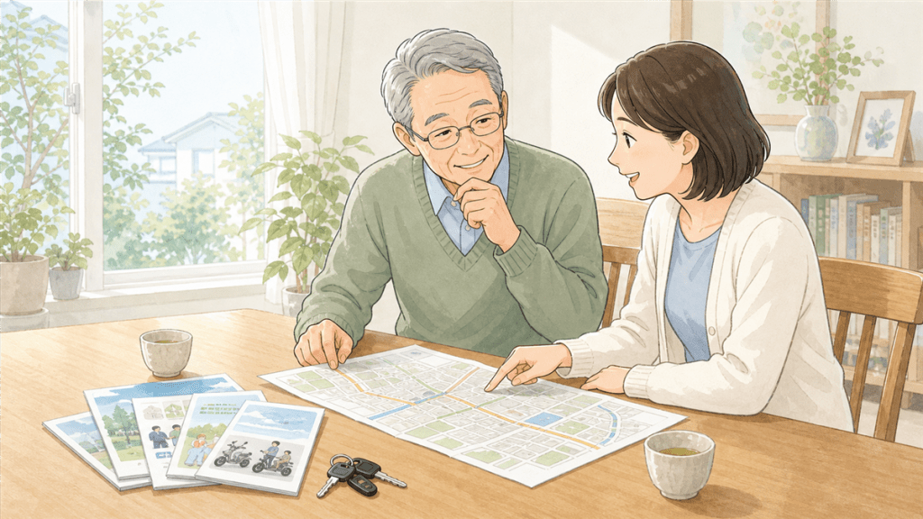 lifestyle-family-discussion | ELEMOs Elderly man and younger woman study a large city map at a wooden table, with photos, keys, and mugs nearby in a bright room.