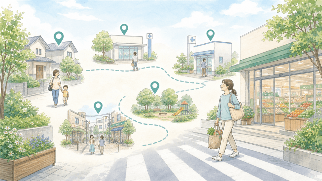 lifestyle-neighborhood-route | ELEMOs Illustration of a sunny town with a dotted path and location pins guiding a pedestrian route past shops and a park.