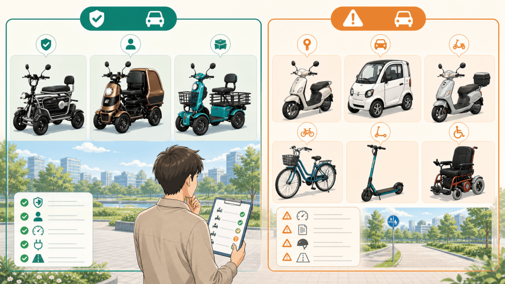 look-alike-not-enough | ELEMOs Side-by-side infographic: left shows accessible vehicles and a safety checklist being reviewed; right shows road hazards with various vehicles and warning icons.