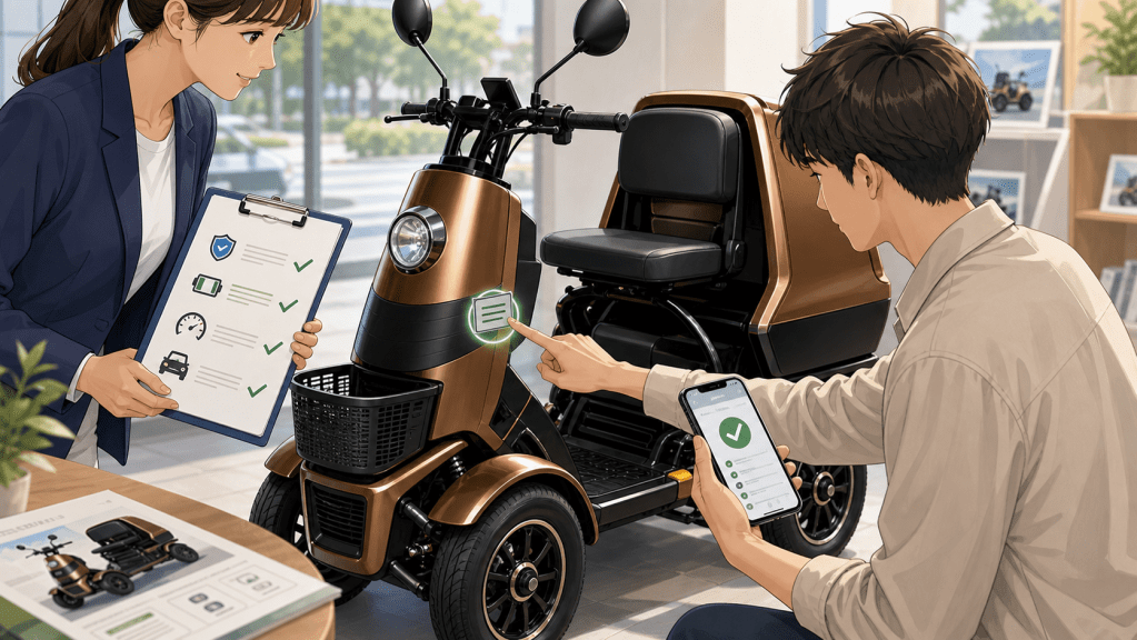 performance-confirmation-sticker | ELEMOs Two people review a brown three-wheeled scooter with a clipboard and a smartphone showing a green check, in a showroom.