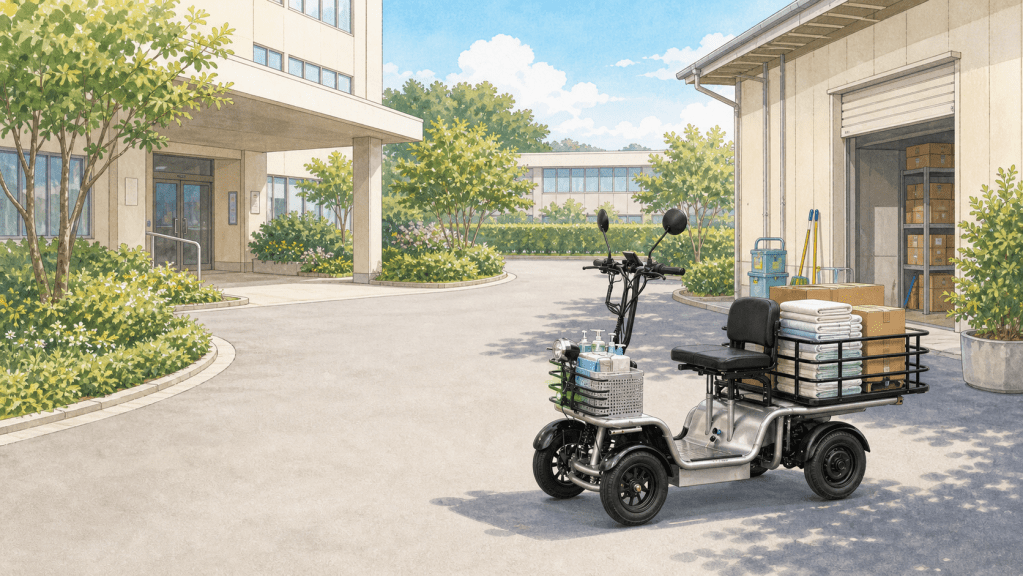 Three-wheeled delivery scooter parked in a courtyard, loaded with boxes, towels, and cleaning supplies on a rack behind the seat under a sunny sky.