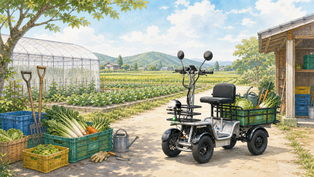 Electric cargo tricycle parked outside a farm shed with crates of leafy greens and root vegetables nearby.