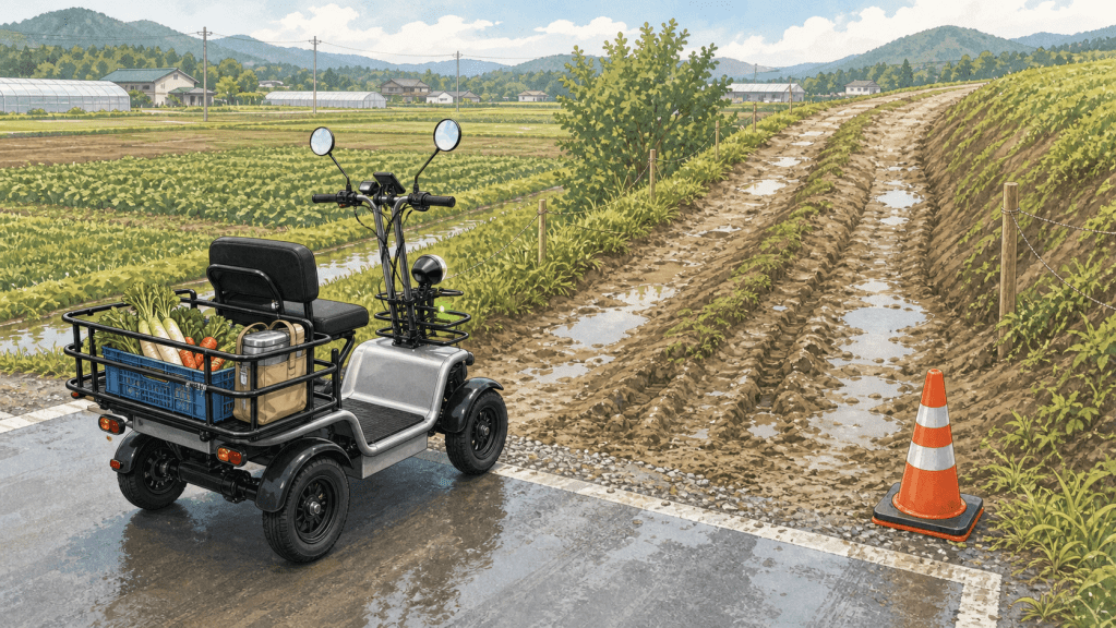Electric cargo scooter parked on a muddy rural road next to a field, with groceries in the basket and a traffic cone nearby
