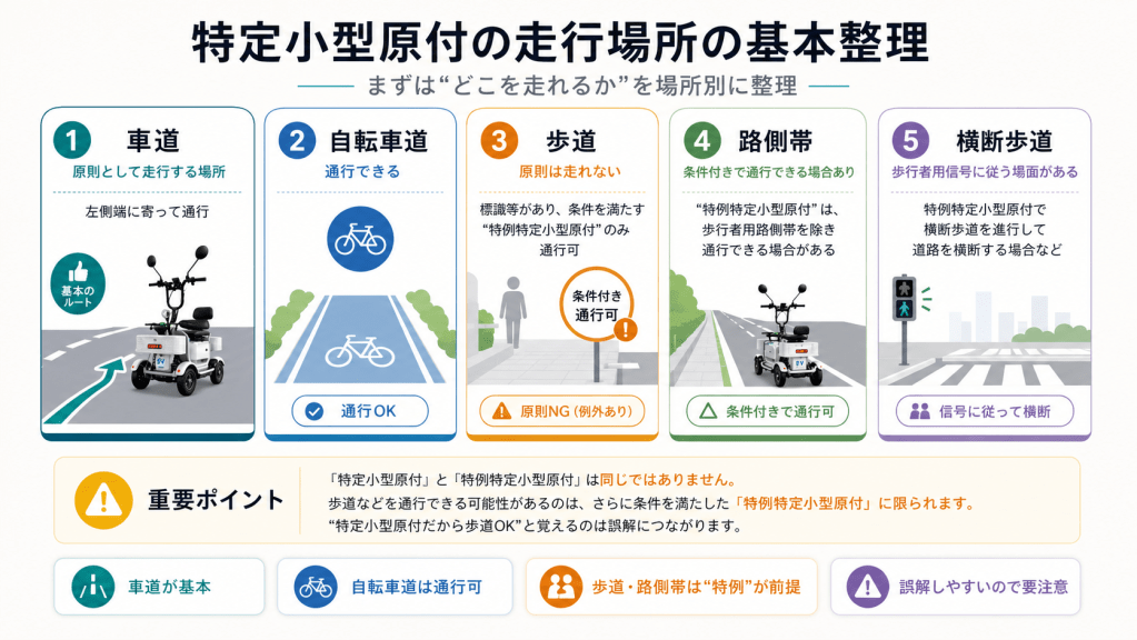 特定小型原付の走行場所を整理した5枚のカード。車道・自転車道・歩道・路側帯・横断歩道のルールを示す案内図。