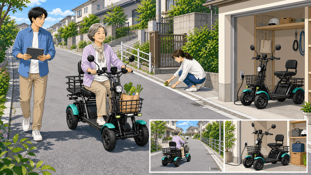 route-storage-check-sharp | ELEMOs Elderly woman on a teal three-wheel scooter with a basket of groceries, walking along a sunny suburban street beside a man.