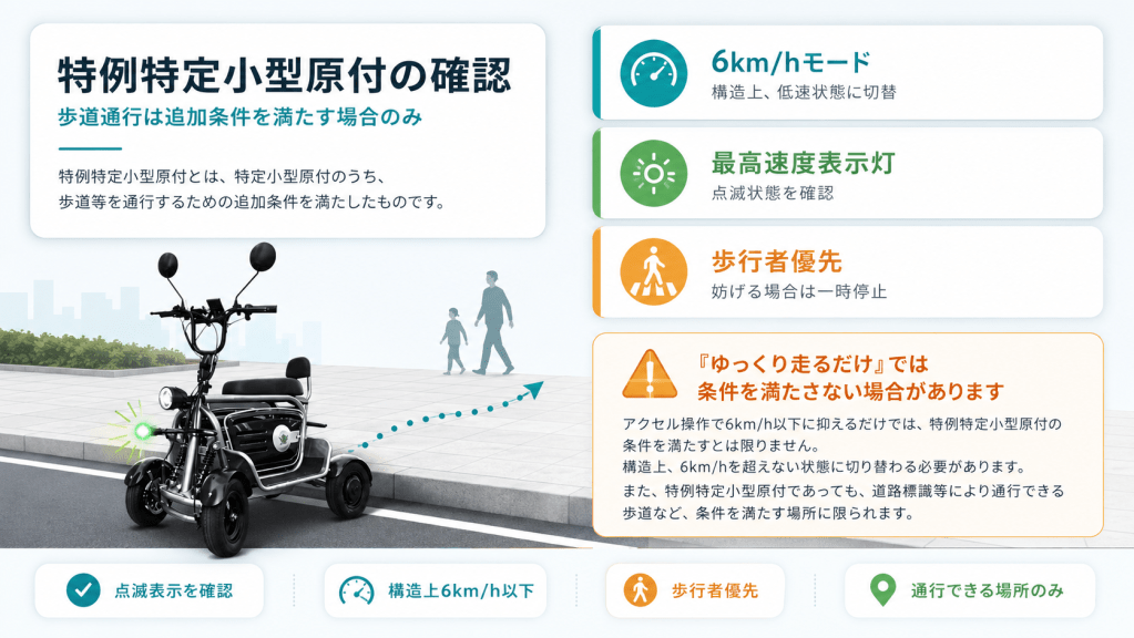 Japanese infographic about conditions for a designated small low-speed electric vehicle, with a three-wheeled scooter on a sidewalk and info panels on the right.