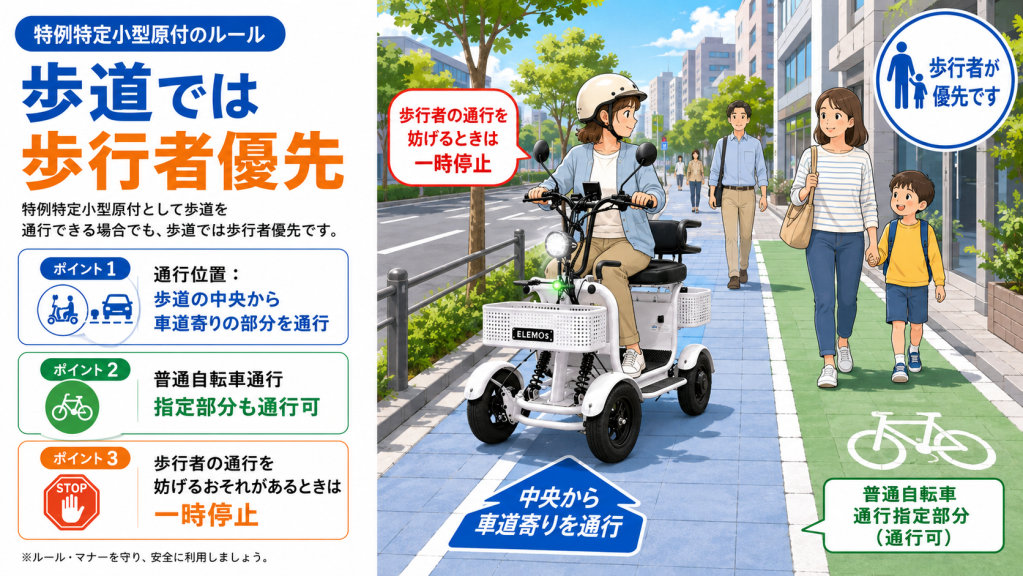 歩道でヘルメットをかぶった女性が三輪の電動スクーターを運転する様子。背景に人々とビルがあり、左は歩行者優先のルール説明のイラスト。