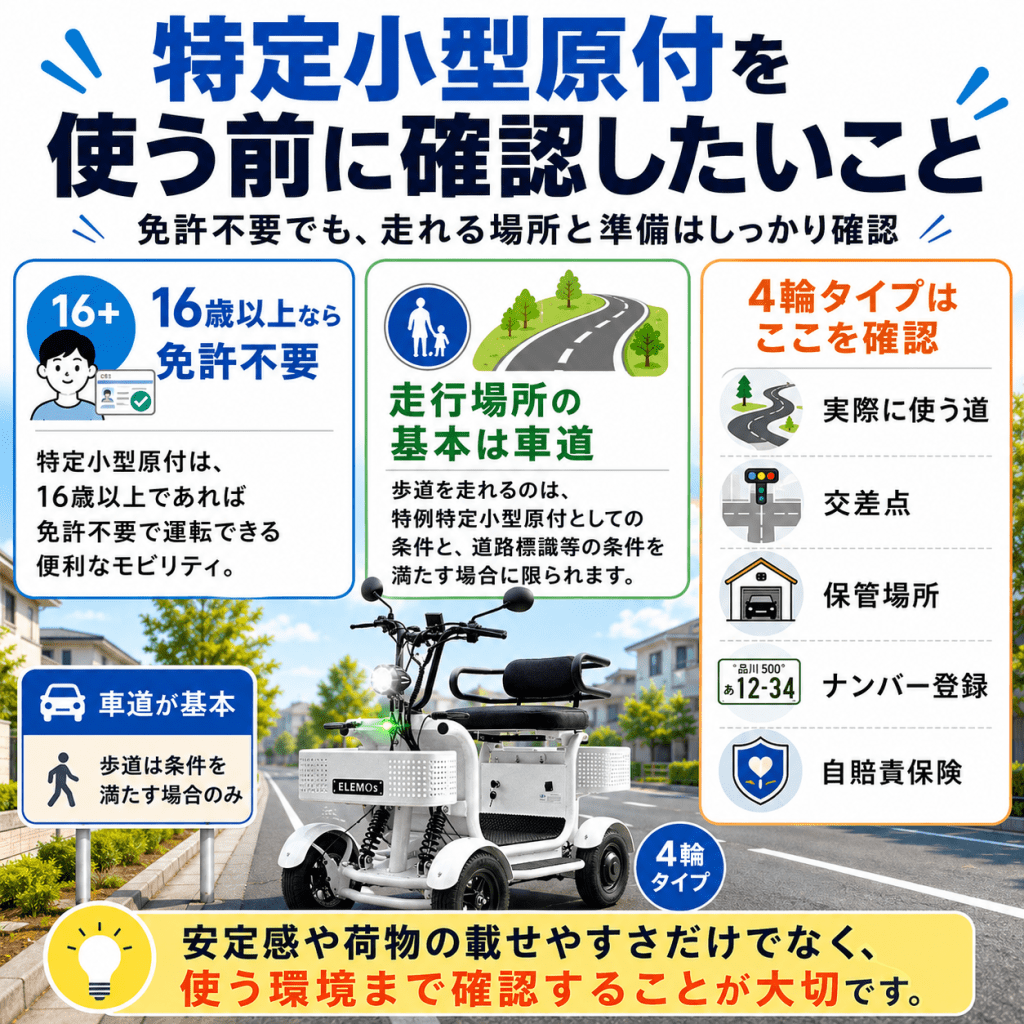 高齢者や運転免許不要の特定小型原付の利用条件を説明する日本語の案内インフォグラフィック。歩道走行の条件や走行場所の基本、4輪タイプの確認ポイントを示す資料。