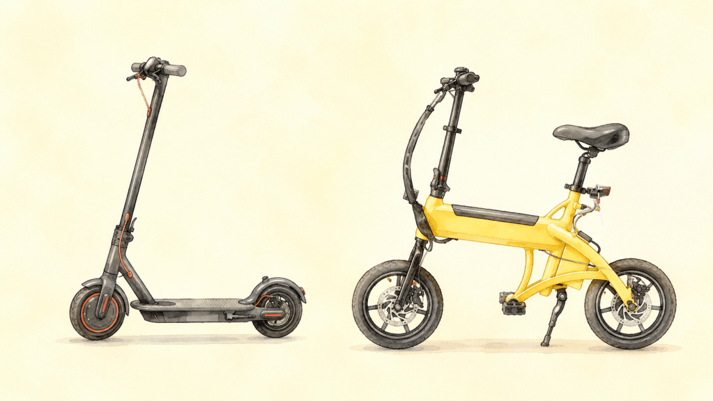 特定小型原動機付自転車2輪 | ELEMOs Electric scooter on the left and a yellow folding bike on the right against a pale background, showing two urban transport options.