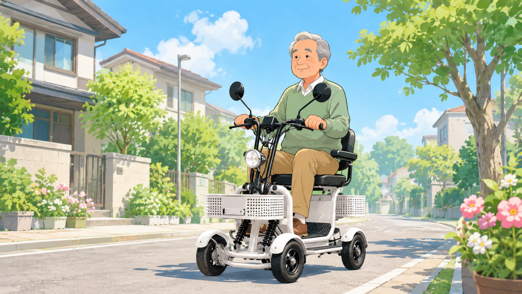 特定小型原動機付自転車4輪に乗る男性 | ELEMOs Elderly man driving a small white electric scooter on a sunny suburban street lined with houses and flowers