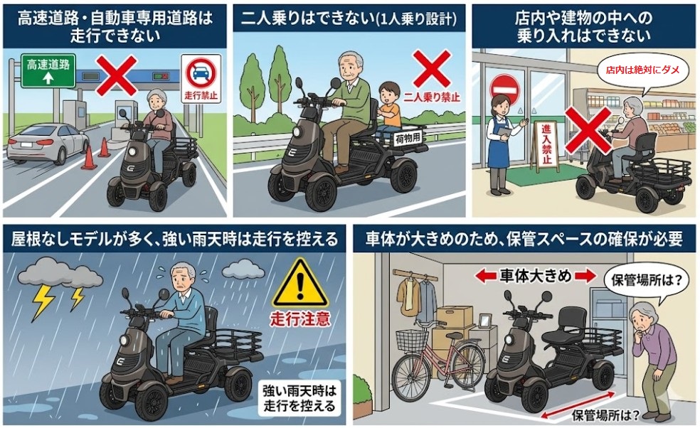 特定小型原動機付自転車4輪の注意点 | ELEMOs Six-panel instructional cartoon about mobility scooter rules: 1) no highway riding, 2) one-person use only, 3) cannot enter store with scooter, 4) weather/rain caution, 5) need ample space for larger vehicles, 6) parking/storage considerations.