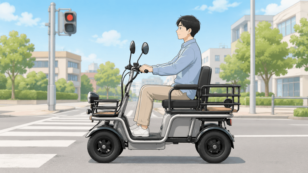 特定小型原動機付自転車4輪安定感 | ELEMOs Man in a light blue shirt riding a mobility scooter at a city crosswalk on a sunny day.