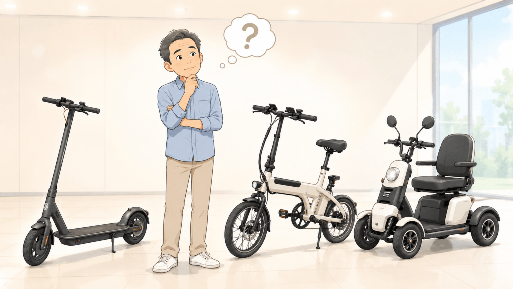 特定小型原動機付自転車のタイプは | ELEMOs Man thinking in a showroom while comparing three mobility aids: a standing electric scooter, a foldable electric bike, and a four‑wheel mobility scooter.