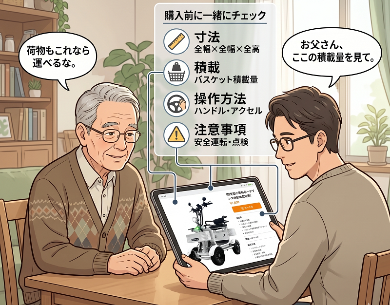 購入前に本人と相談 | ELEMOs 父と息子がリビングのテーブルでタブレットを見ながら購買前チェック表を確認している。寸法・積載・操作方法・注意事項の項目が表示されている。