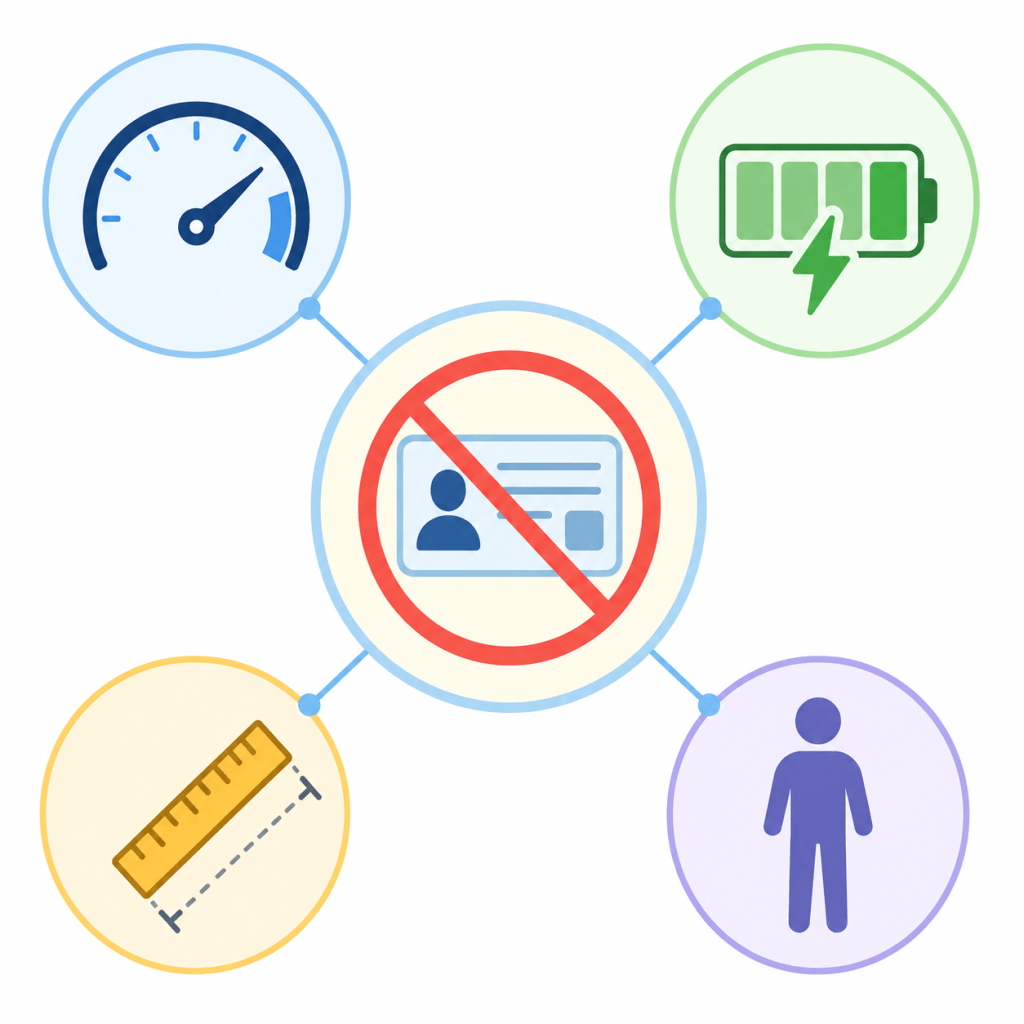 車両区分 | ELEMOs Central 'no ID' symbol with a crossed-out identification card; connected to icons for speed, battery, ruler, and a person.