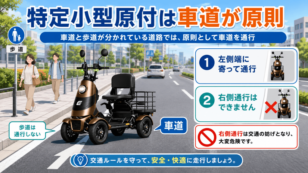 A street safety poster showing pedestrians on the sidewalk and a brown electric scooter with a cargo trailer on a road; large Japanese text promotes traffic rules for small vehicles.