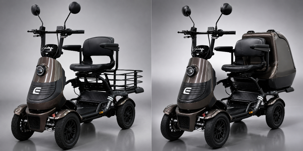 Two brown mobility scooters shown side by side; left has an open rear rack, right has an enclosed cargo box behind the seat.