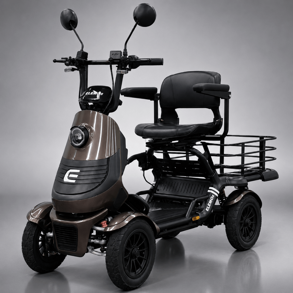 Brown and black four-wheeled mobility scooter with a padded seat, armrests, and a front basket area, shown in a studio setting