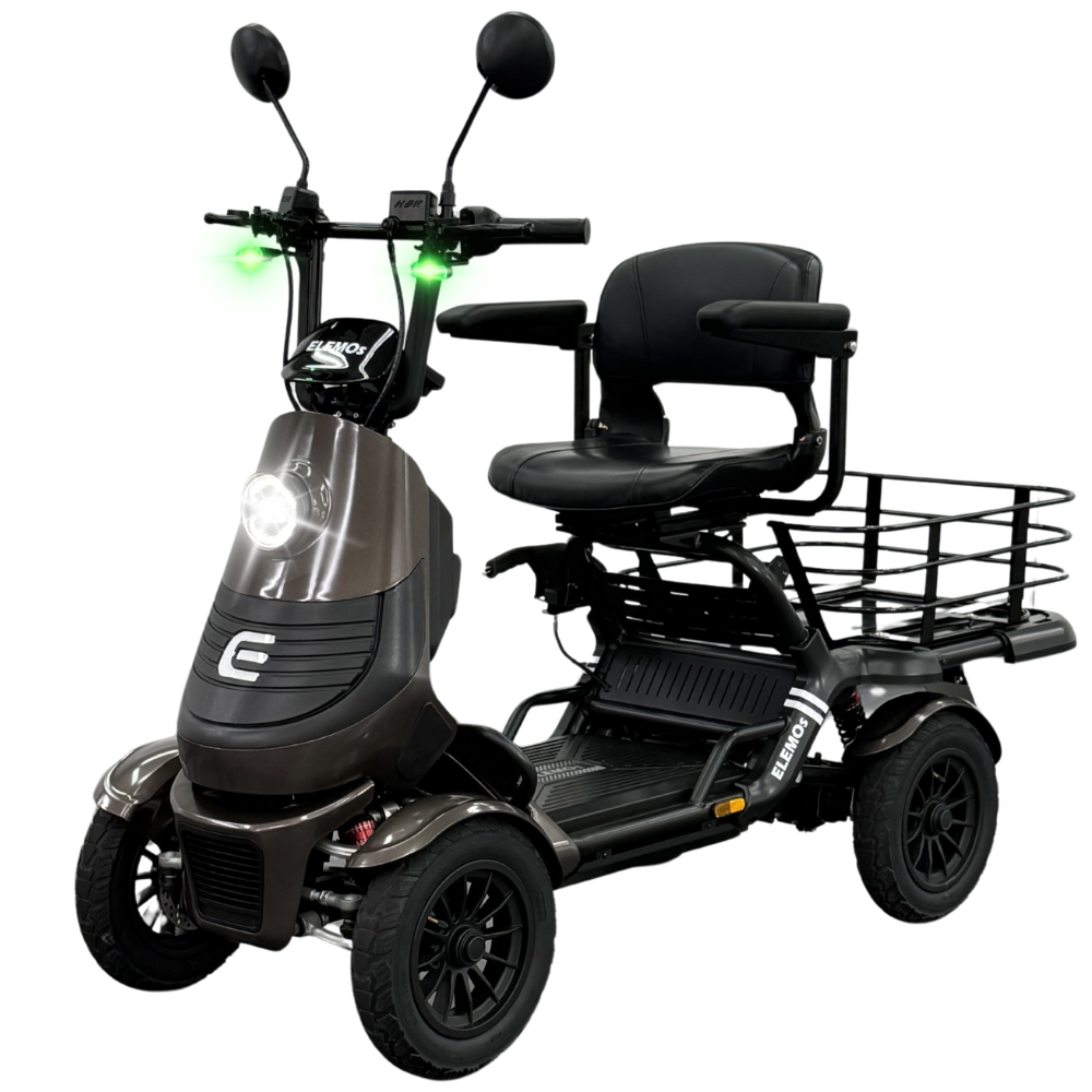 Four-wheeled electric mobility scooter with a padded seat, armrests, and a rear cargo rack on a white background