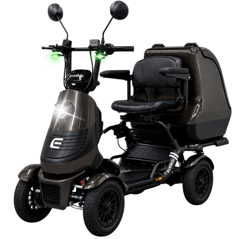 Four-wheeled mobility scooter in dark brown with a padded seat, armrests, front headlight, and a large rear storage compartment.