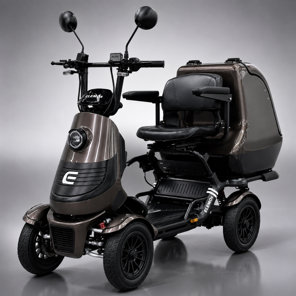 Four-wheeled electric mobility scooter with a large padded seat and a rear cargo enclosure in matte brown and black finishes, shown from the front-left.